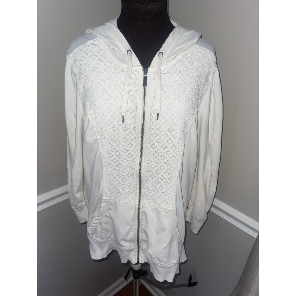 Christopher & Banks Lace Floral Zip Up Hooded Shirt‎ Cream Womens XL Coquette